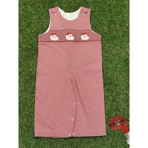 Delaney Smocked Overalls Romper 18M Red‎ Christmas Santa Claus Festive Holiday